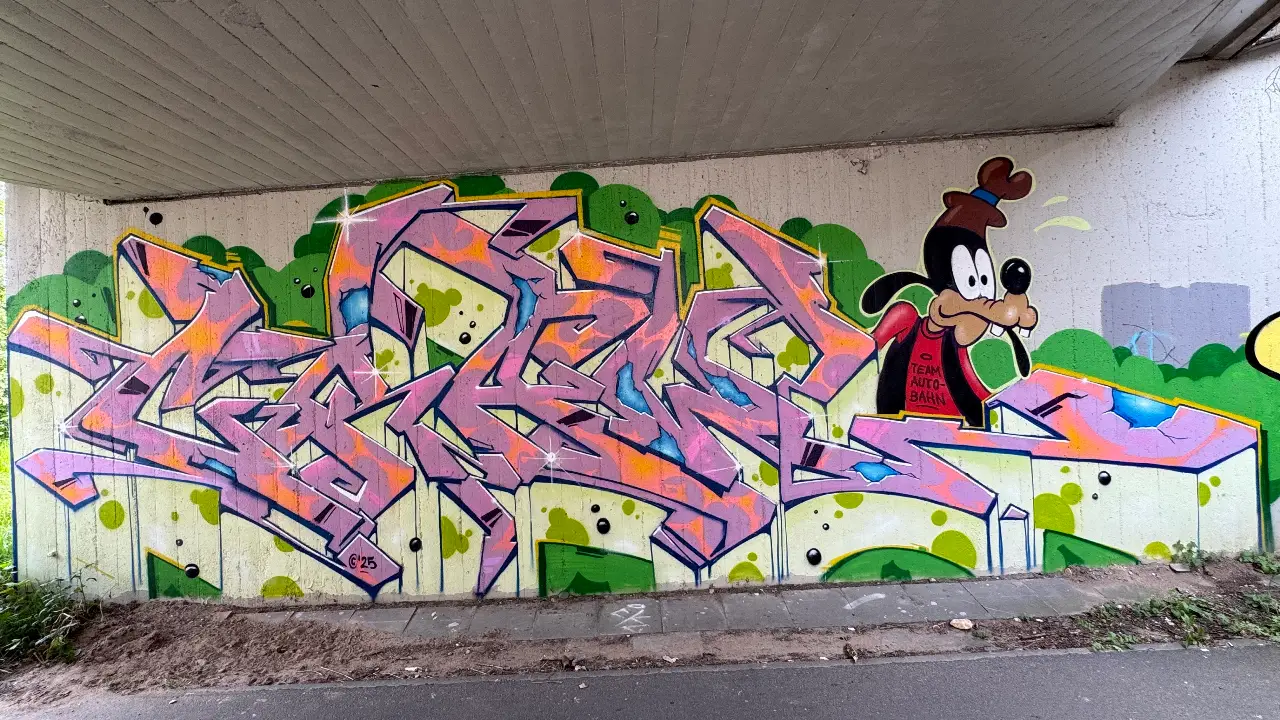 Rosa Styles und Comic-Vibes: Graffiti-Entdeckung am Radweg