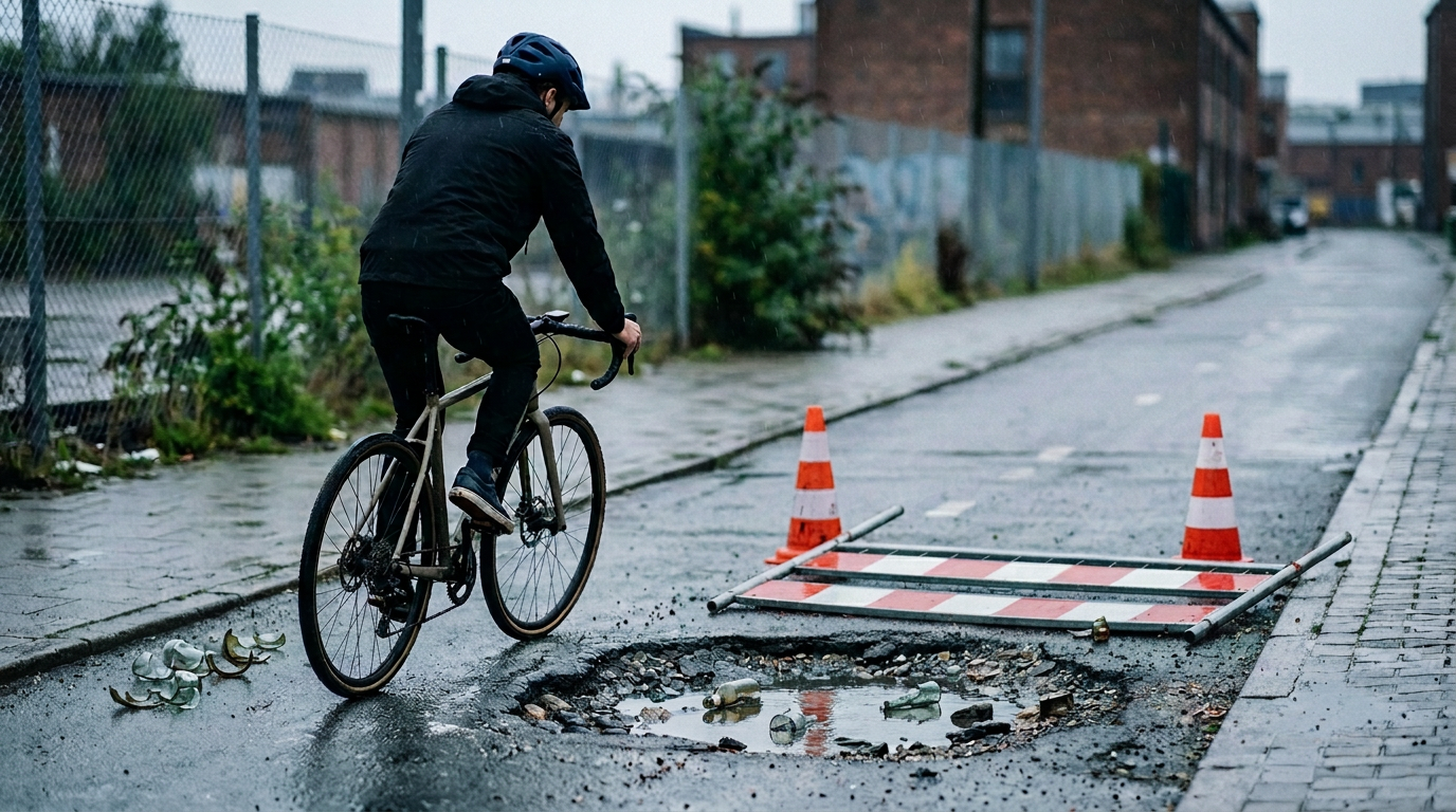 Cyclist riding past a pothole and road barrier on a rainy street