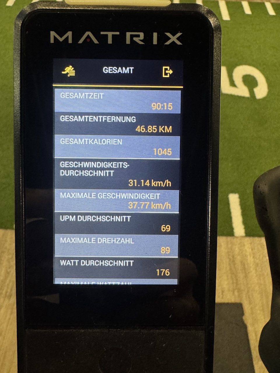 Display eines Matrix Rades, Zusammenfassung einer Trainingseinheit.