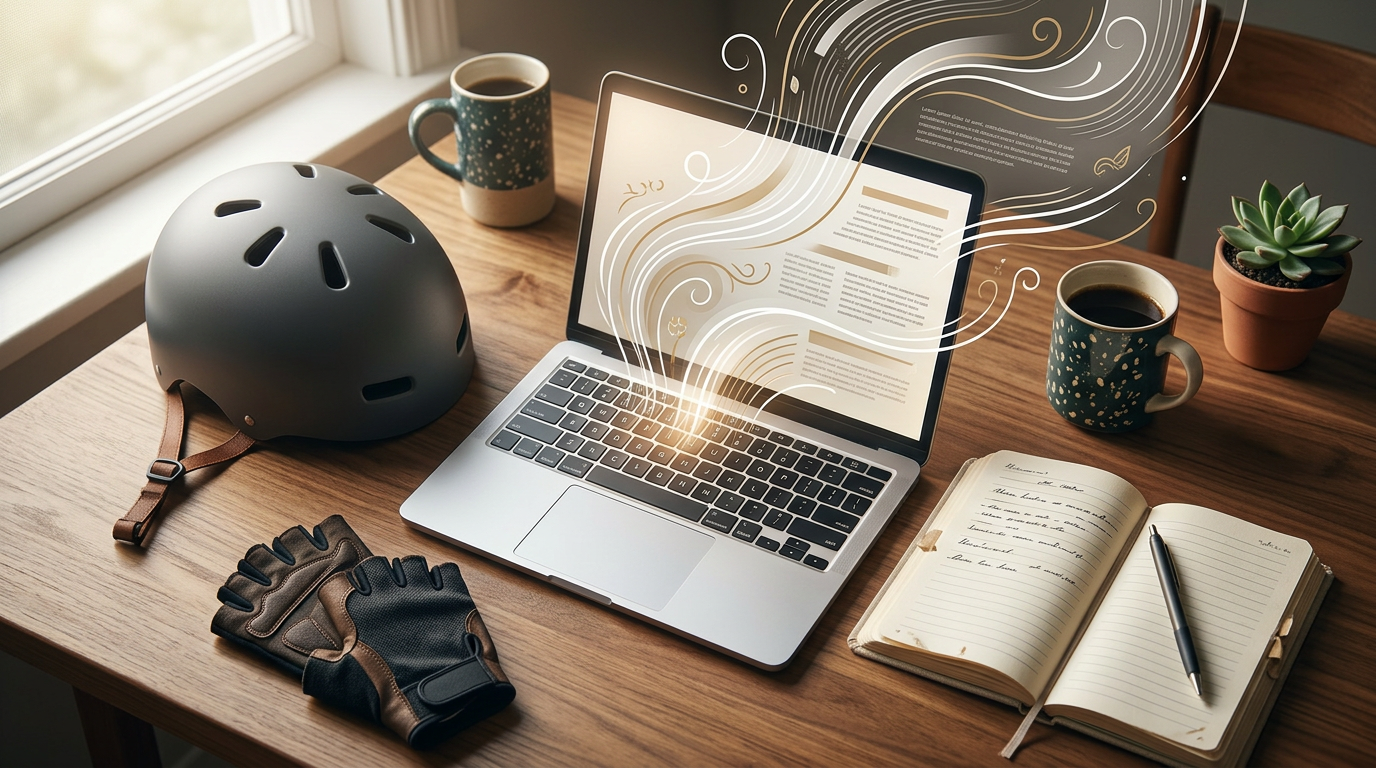 Laptop with abstract design beside cycling helmet, gloves, coffee, notebook, and plant